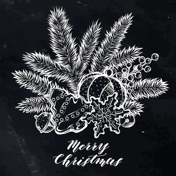 Καλά Χριστούγεννα Εικονογράφηση Διάνυσμα Κλαδιά Ερυθρελάτης Μπισκότα Τζίντζερ Καμπάνες Χειροποίητα — Διανυσματικό Αρχείο