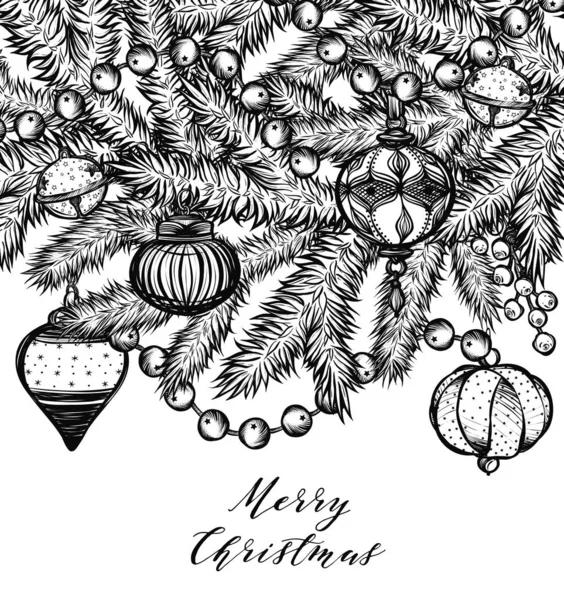 Merry Christmas. Vector illustration, spruce branches, mistletoe berries, bells, garlands, Christmas tree toys, handmade,card for you,prints on T-shirts,background white