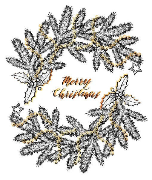 メリークリスマスベクトルイラスト,スプルースの枝,ガーランド, Tシャツのプリント,手作り,カードあなたのための,背景白,金の色 — ストックベクタ
