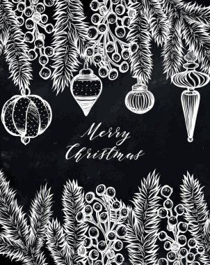 Mutlu noeller. Vektör illüstrasyonu, ladin dalları, Noel ağacı oyuncakları, el yapımı, kart, dövmeler, tişörtlerdeki baskılar, arka plan tahtası