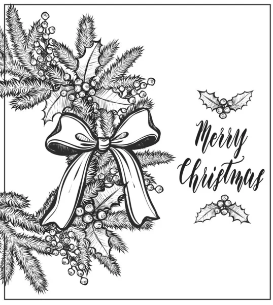 Καλά Χριστούγεννα Εικονογράφηση Διάνυσμα Κλαδιά Ερυθρελάτης Σγουρά Μούρα Κορδέλα Στεφάνι — Διανυσματικό Αρχείο