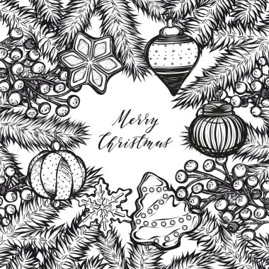 Mutlu noeller. Vektör illüstrasyonu, ladin dalları, Noel ağacı oyuncakları, zencefilli bisküviler, el yapımı, senin için kart, tişörtlerdeki parmak izleri, arka plan beyazı.