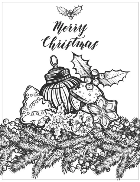 Joyeux Noël Illustration Vectorielle Branches Épinette Biscuits Gingembre Cloches Jouets — Image vectorielle