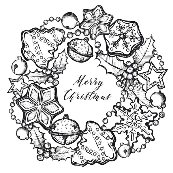 Veselé Vánoce Vektorové Ilustrace Zázvorové Sušenky Jmelí Girlandy Zvonky Věnec — Stockový vektor