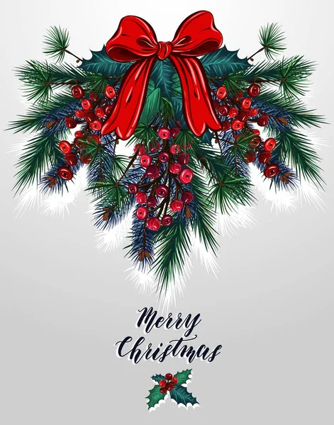 Счастливого Рождества. Векторная иллюстрация, елочные ветви, омелы, лента, серый фон, ручная работа, открытка для Вас, отпечатки на футболках — стоковый вектор