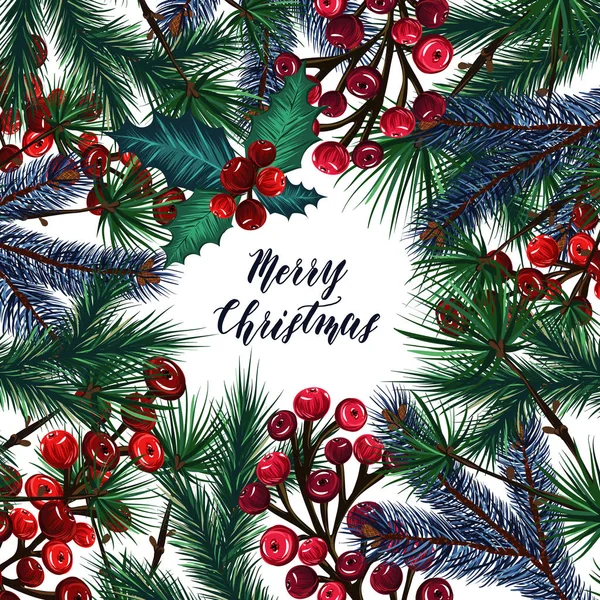 Boldog karácsonyt! Vektor illusztráció, luc ágak, fagyöngy bogyók, háttér fehér, ujjlenyomatok a pólók, kézzel készített, kártya az Ön számára — Stock Vector