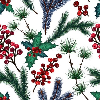 Mutlu noeller. Vektör illüstrasyonu, ladin dalları, ökse otu üzümü, arka plan beyazı, tişörtlerdeki parmak izleri, senin için kart, el yapımı, kusursuz desenli.