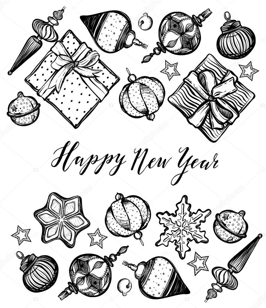 Happy New Year. Vector illustration, ginger biscuits, gifts,Christmas tree toys, prints on T-shirts, card for you, handmade, background white