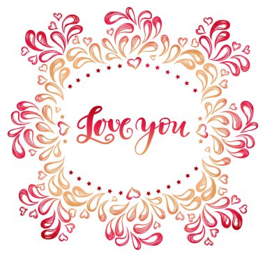 Vektör illüstrasyonu. Sevgililer Günü. Salatalık olarak soyut unsurlar. Harfleri çok severim. El yapımı, arka plan beyaz, pembe sarı renk, tişörtlerdeki izler, dövmeler.