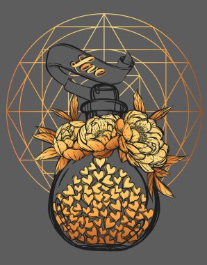 Vektör illüstrasyonu. Sevgililer Günü. Sevgiyle dolu bir şişe, şakayıklar. El yapımı, tişörtler, dövmeler, arka plan grisi, altın rengi. Kutsal geometri.