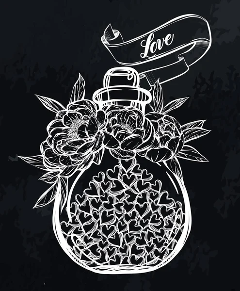 Векторні Ілюстрації День Святого Валентина Пляшка Любов Півонії Ручна Робота — стоковий вектор