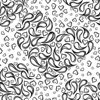 Vektör illüstrasyonu. Sevgililer Günü. Salatalık olarak soyut elementler. Kalpler. El yapımı, arka plan beyazı, tişörtlerde parmak izleri, dikişsiz desenli tişörtler, kusursuz desenli tişörtler.