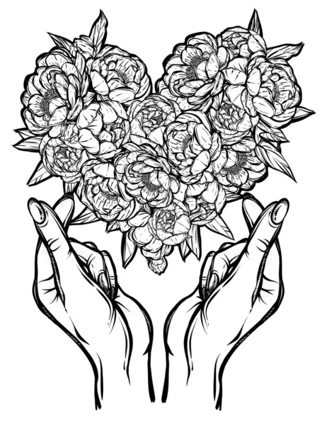 Illustration Vectorielle Symbole Coréen Coeur Main Geste Main Décoration Florale — Image vectorielle