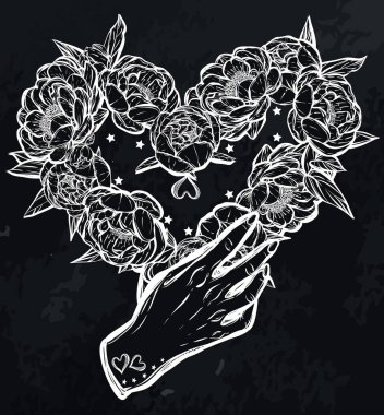 Vektör çizimi. Ellerinde şakayıkların çiçek dekoru, kalp şeklinde. El yapımı, arka plan tahtası, dövmeler, tişörtlerdeki parmak izleri.