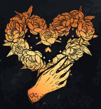 Vektör çizimi. Ellerinde şakayıkların çiçek dekoru, kalp şeklinde. El yapımı, arka plan karatahta, dövmeler, tişörtlerdeki parmak izleri, altın rengi.