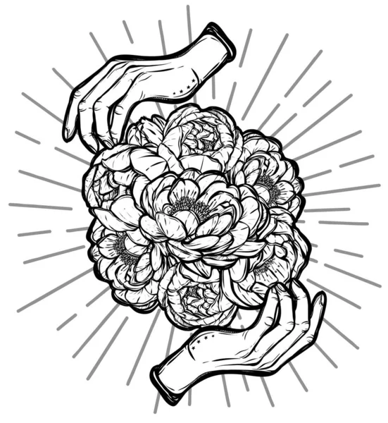 Vector Illustratie Bloemendecoratie Van Pioenrozen Handen Handgemaakt Achtergrond Wit Tatoeages — Stockvector