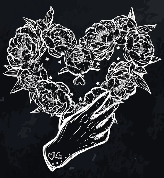 Ilustración Vectorial Decoración Floral Peonías Las Manos Forma Corazón Hecho — Vector de stock