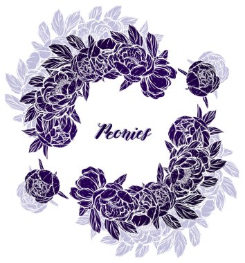 Vektör çizimi. Şakayıkların çiçek süslemesi. Tişörtlerdeki parmak izleri. arka plan beyazı. El yapımı, çelenk, sizin için kart, mavi menekşe rengi.