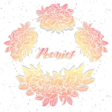 Vektör çizimi. Şakayıkların çiçek süslemesi. Tişörtlerdeki parmak izleri. arka plan beyaz, çelenk. El yapımı, sizin için kart, pembe sarı renk.