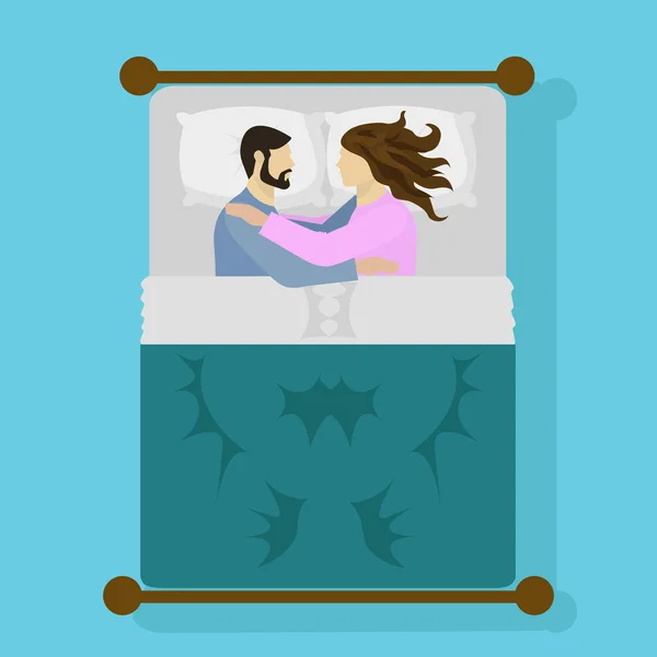 Pasangan tidur di tempat tidur dan memeluk - Stok Vektor