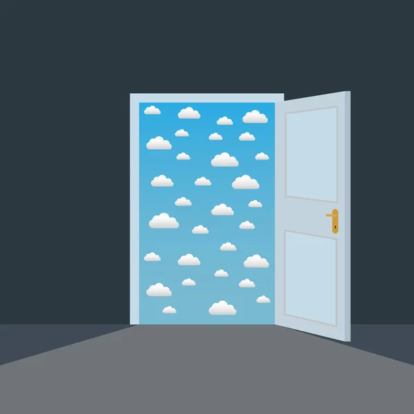 Open door in a dark room to the clouds opportunity vector concept — Stock Vector