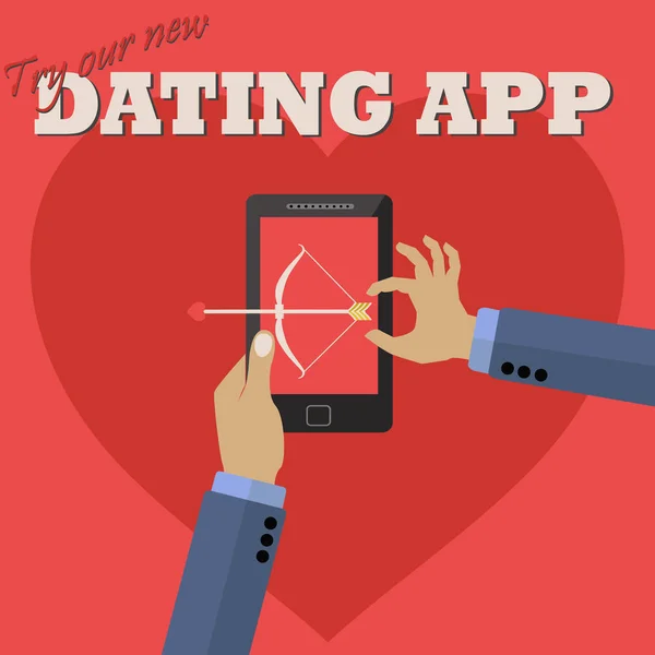Homem usando namoro aplicativo no celular para atirar um conceito de vetor de seta amor — Vetor de Stock
