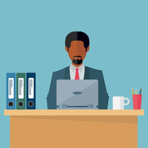 Ethnische schwarze Geschäftsmann arbeitet an Laptop im Büro Vektor Illustration lizenzfreie Stockillustrationen