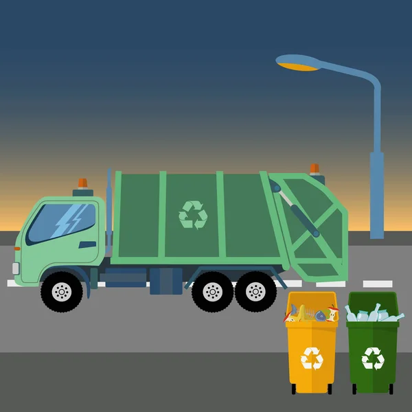 Riciclare camion della spazzatura prendendo la spazzatura all'alba vettoriale illustrazione — Vettoriale Stock