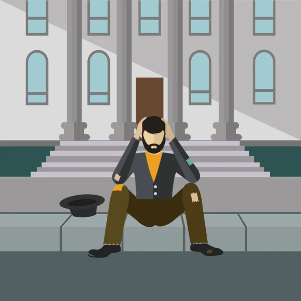 Homeless man begging infront of a building, sitting on the street, vector illustration — Stock Vector