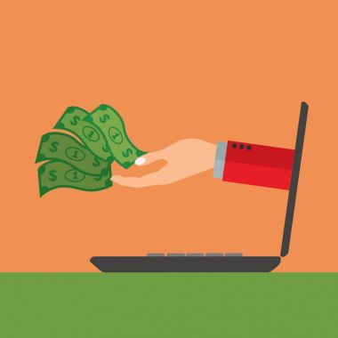 Bir dizüstü bilgisayar, online hediye vektör kavramı para atma el