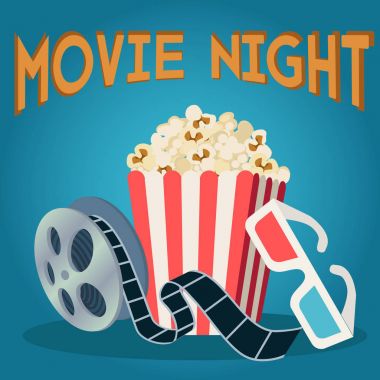 Film reel patlamış mısır ve 3d gözlük, film gece vektör kavramı