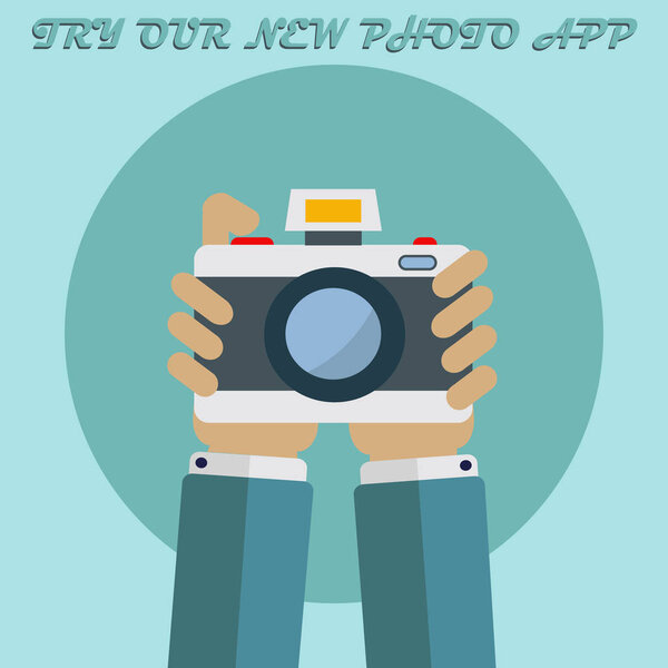 Photo app picture, hands holding photo camera vector concept