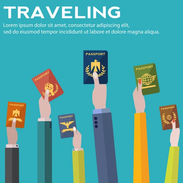 Viajar, viagem de negócios, mão segurando conceito de vetor de passaportes — Vetor de Stock