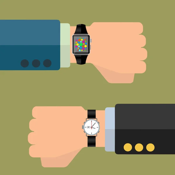 Розумний годинник і аналоговий годинник на руці бізнесмена, концепція просування технологій Векторна Графіка