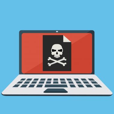 Bir virüs, hacker saldırı, kafatası ve kemikler üzerinde ekran vektör konsepti ile dizüstü bilgisayar