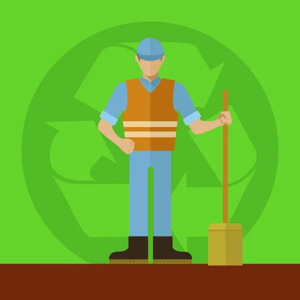 Υπάλληλος καθαριότητας με σκούπα μπροστά από πινακίδα ανακύκλωσης — Διανυσματικό Αρχείο