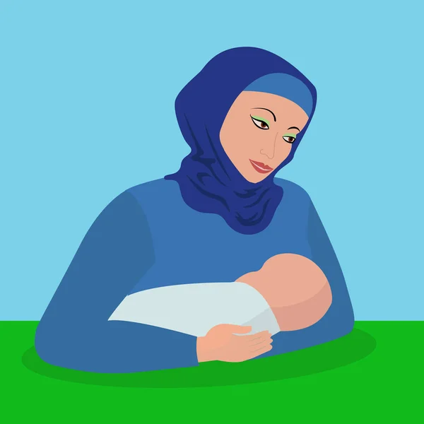 히잡을 품에 아기를 안고 있는 이슬람 어머니 — 스톡 벡터