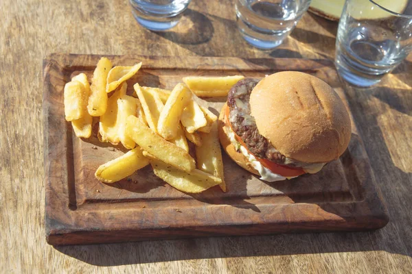 Burger Fried Potatoes Wooden Kitchen Board — Stock Photo, Image