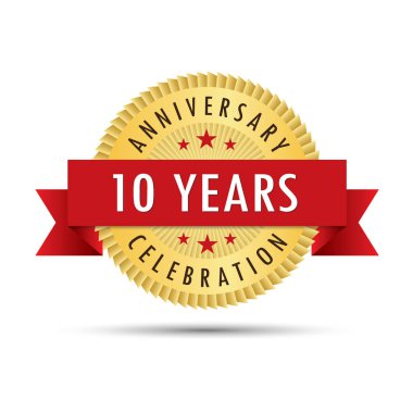 On yıl yıldönümü, onuncu yıldönümü kutlama altın rozet simge logo vektör grafik tasarım