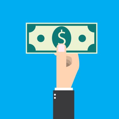 Banknot, para sağ elinde tutan izole iş adamı. Vektör grafik tasarım.