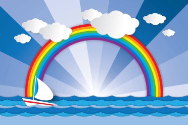 Ne zaman gündoğumu veya günbatımı vektör grafik tasarım için arka plan dalga deniz ve gökkuşağı karşı yelken tekne