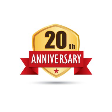 Yirminci yıl yıldönümü kutlama altın rozet simge logo vektör grafik tasarım