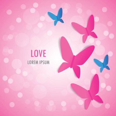 Sevgi ve Sevgililer günü tebrik kartı arka plan ile pembe bir arka plan üzerinde pembe ve mavi kelebek