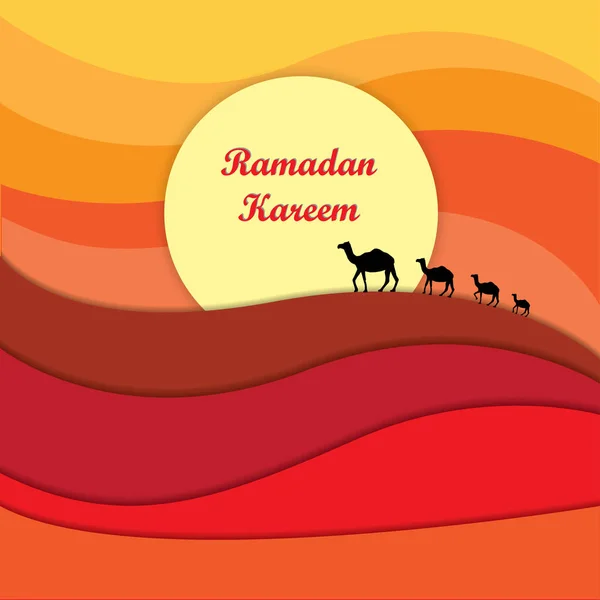 抽象的な砂漠とバック グラウンドでラクダにラマダン カリームお祝いグラフィック デザイン — ストックベクタ