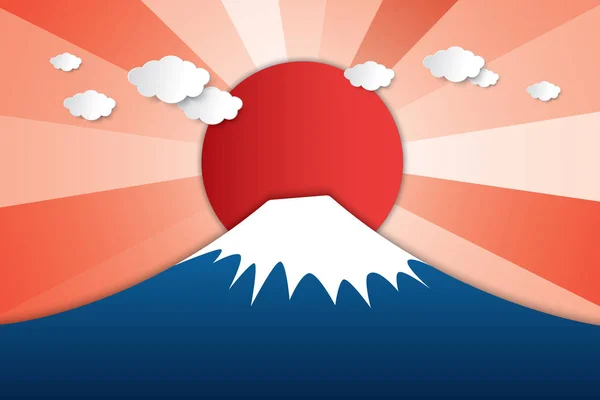 Papier Art Style Fuji Montagne Japon Avec Soleil Rouge Brillant — Image vectorielle