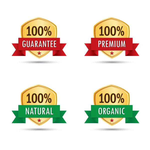 Set Gold Badge Label Icon Logo 100 Guarantee Premium Natural — Stock Vector