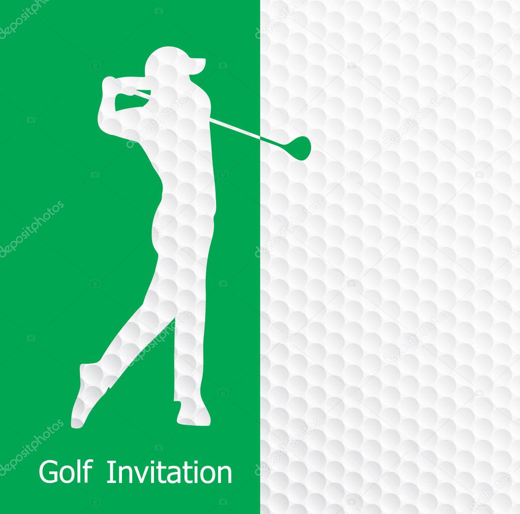 Golf tournament invitation flyer template graphic design. Golfer swinging on golf ball pattern texture.
