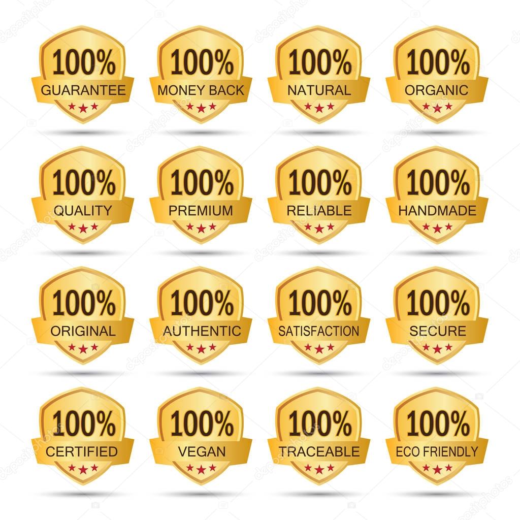 Collection of golden 100% icon logo label badges. guarantee. money back. natural. organic. quality. premium. reliable. handmade. original. authentic. satisfaction. secure. certified. vegan. traceable. eco friendly
