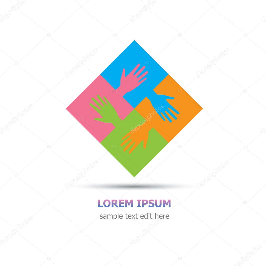 Four organization cooperation colorful logo - four pieces of jigsaws and hands connected together