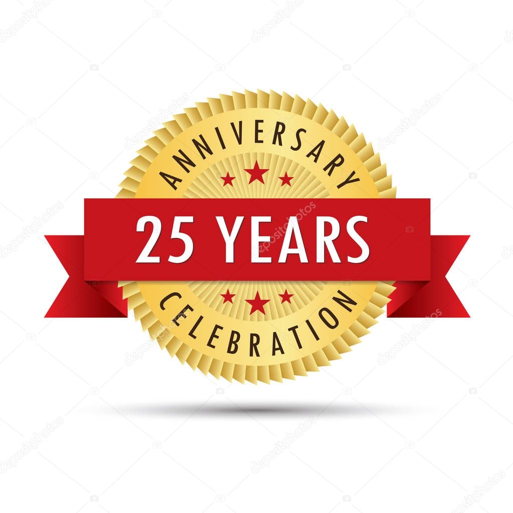 Twenty five years anniversary, twenty fifth anniversary celebration gold badge icon logo vector graphic design